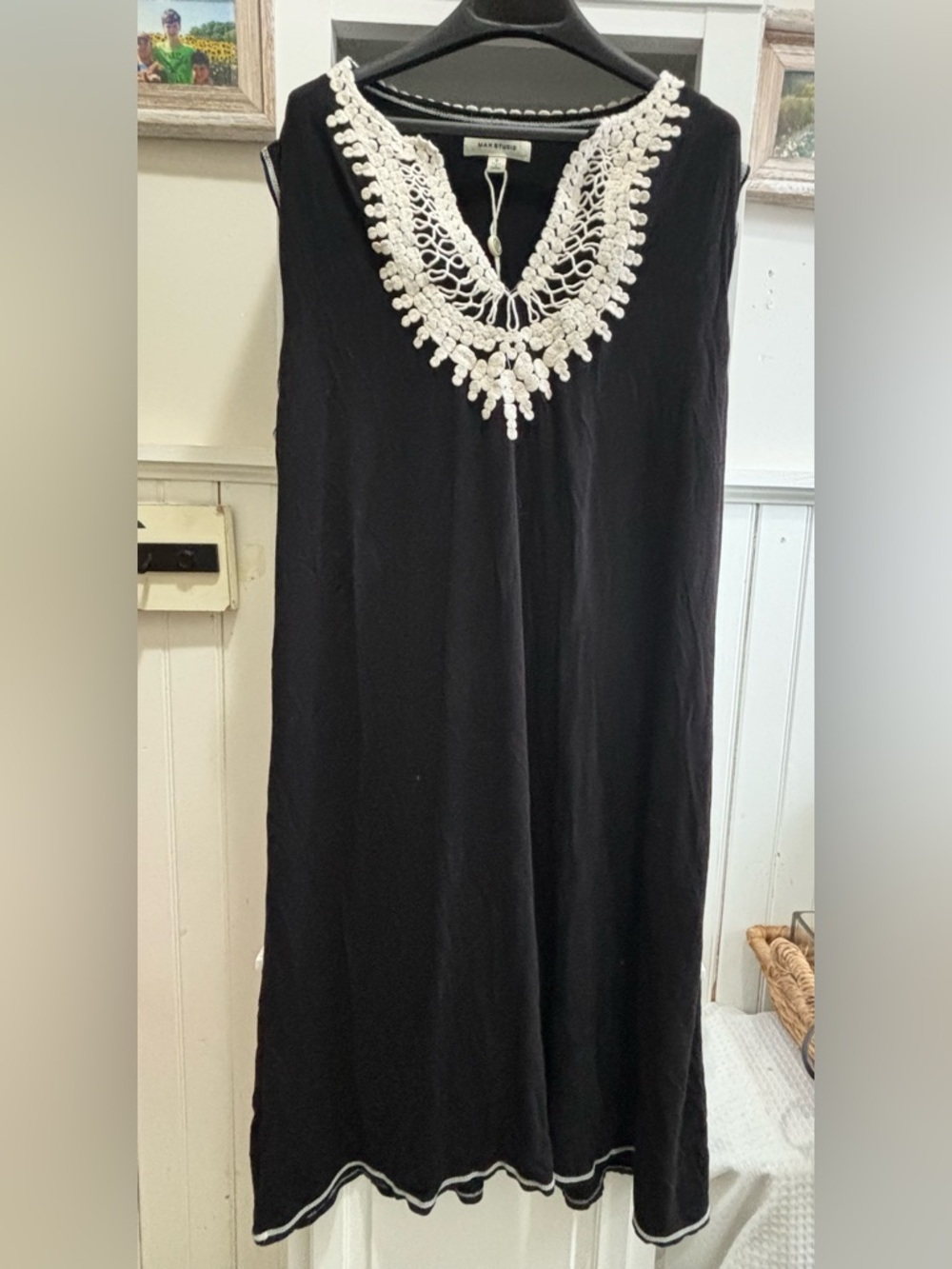 Max Studio NWOT Boho Black Swim Cover Up Shift Dress White Crochet detail Small